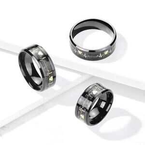 Gold Heart Beat Inlaid Center Black 316L Stainless Steel Band 8mm width size 12